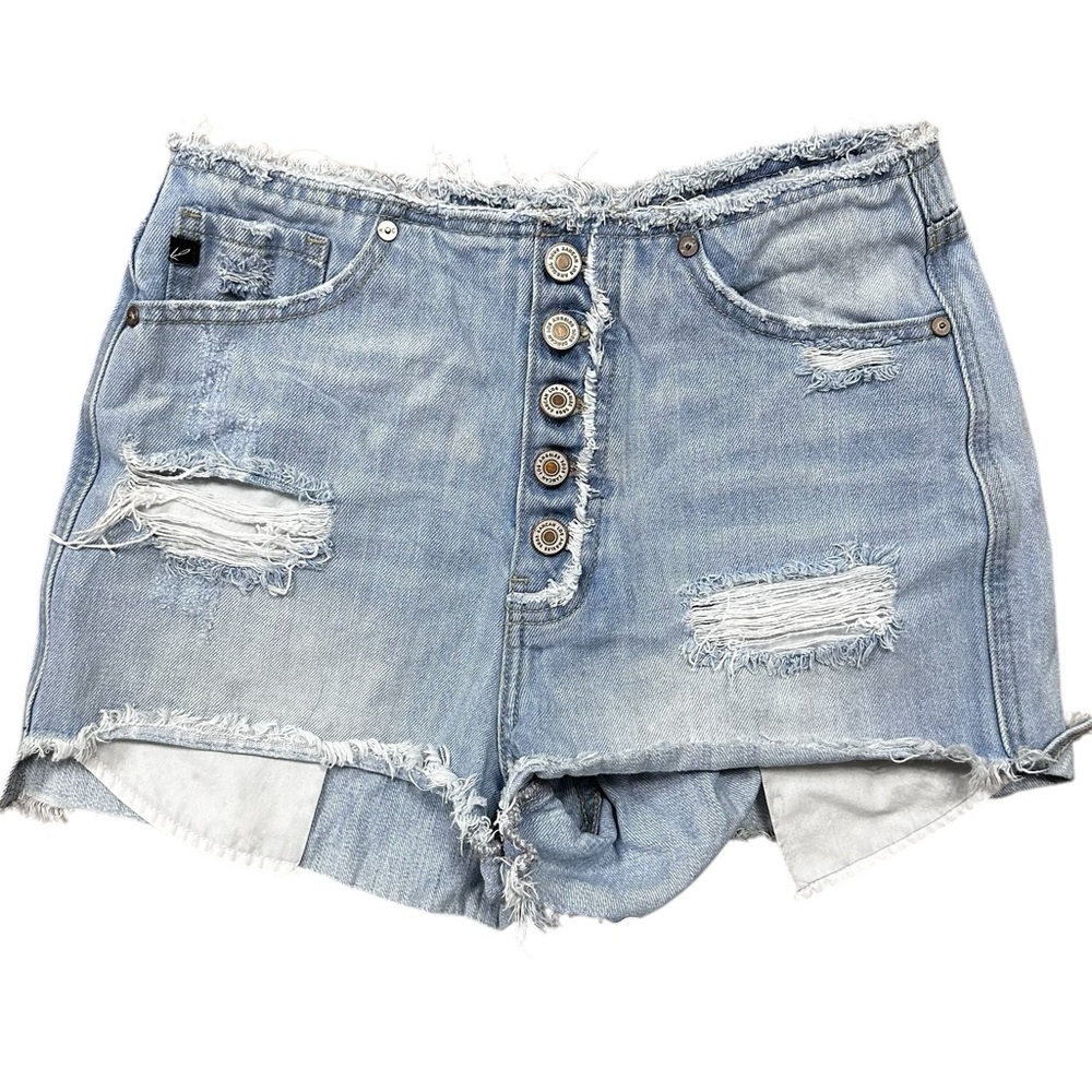 KanCan High Waisted Light Wash Denim Distressed Button Fly Jean Shorts Size S